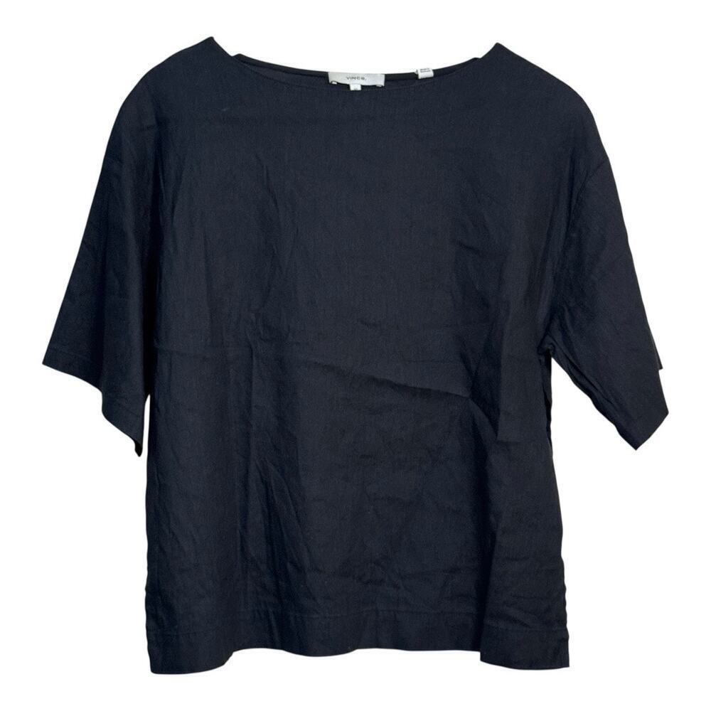 Vince Linen Blend Top Boxy Short Sleeve Relaxed‎ Fit Casual Black XS